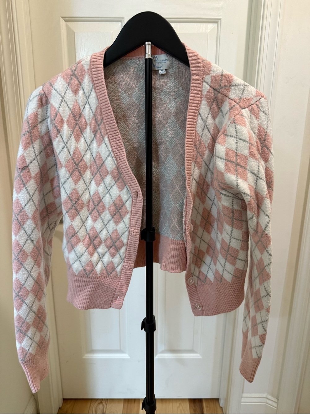 Blue Rain Pink & White Argyle Cropped Cardigan